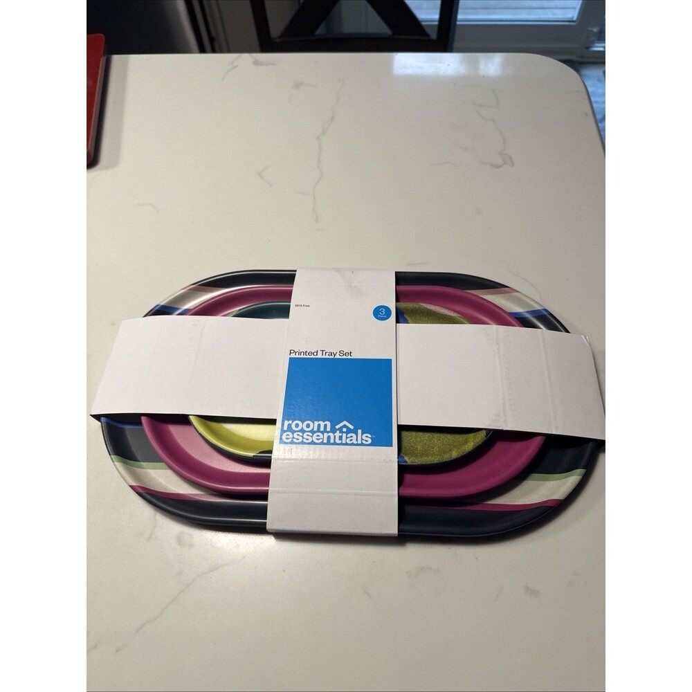Printed Melamine Tray Set Black Multicolor Room Essentials NEW 3pk